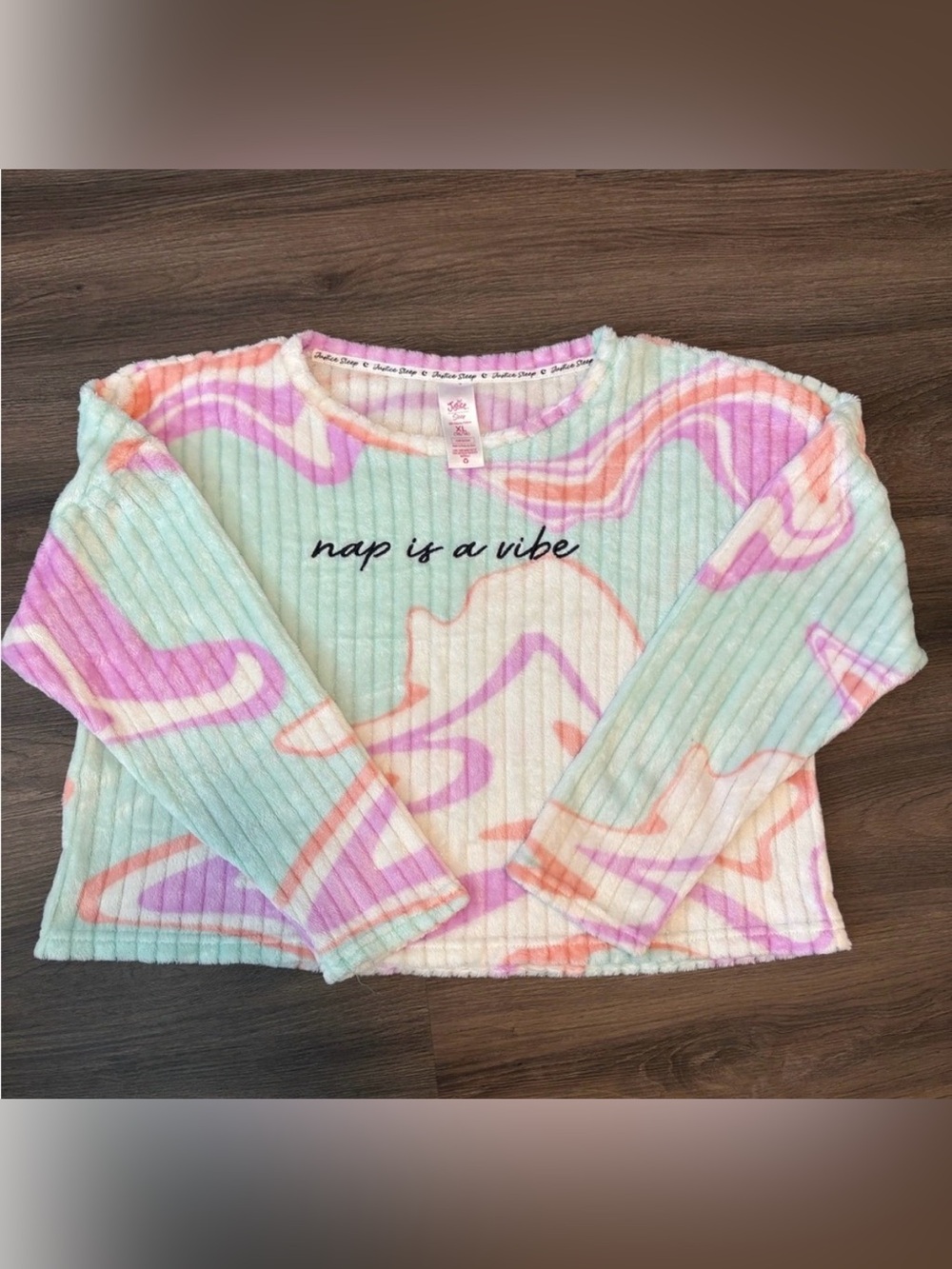 Justice Girls Pastel Swirl Plush Pajama Set - Mint, White, Purple, Peach